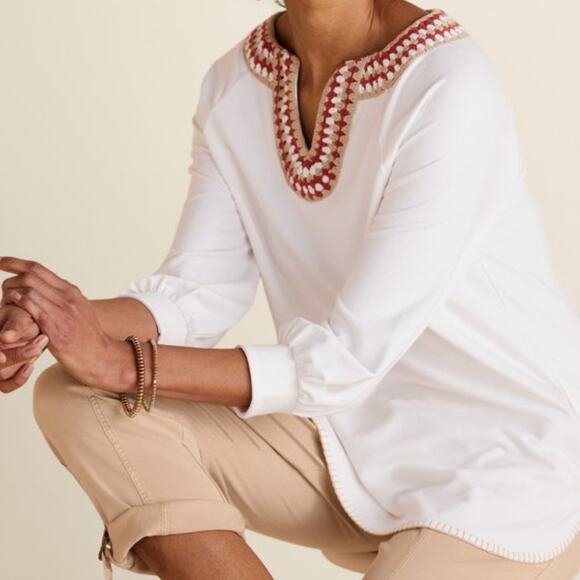 Soft Surroundings | NWT Sarita Top Cream Soft Knit Crochet Neckline 3/4 Sleeve - Picture 1 of 11